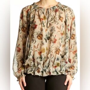 Zara Beige Floral Print Peasant Blouse | Size S